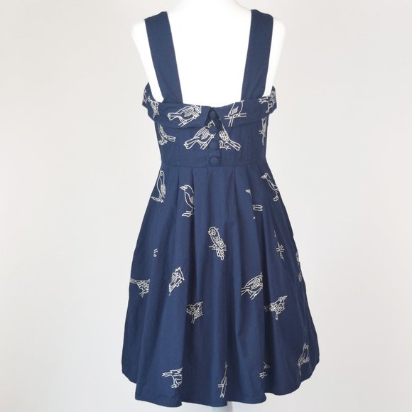 Eshakti Navy Blue Flattering Fun Dress w/ Embroidered White Birds, Size Small S - Picture 5 of 10